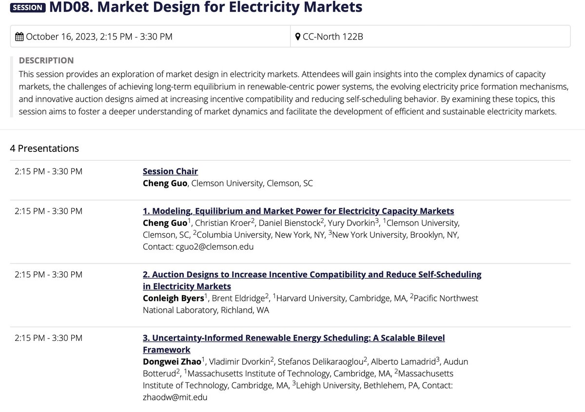 Check out our session MD08 on Market Design for Electricity Markets (Monday 2:15-3:30, North-122B) @INFORMS2023!