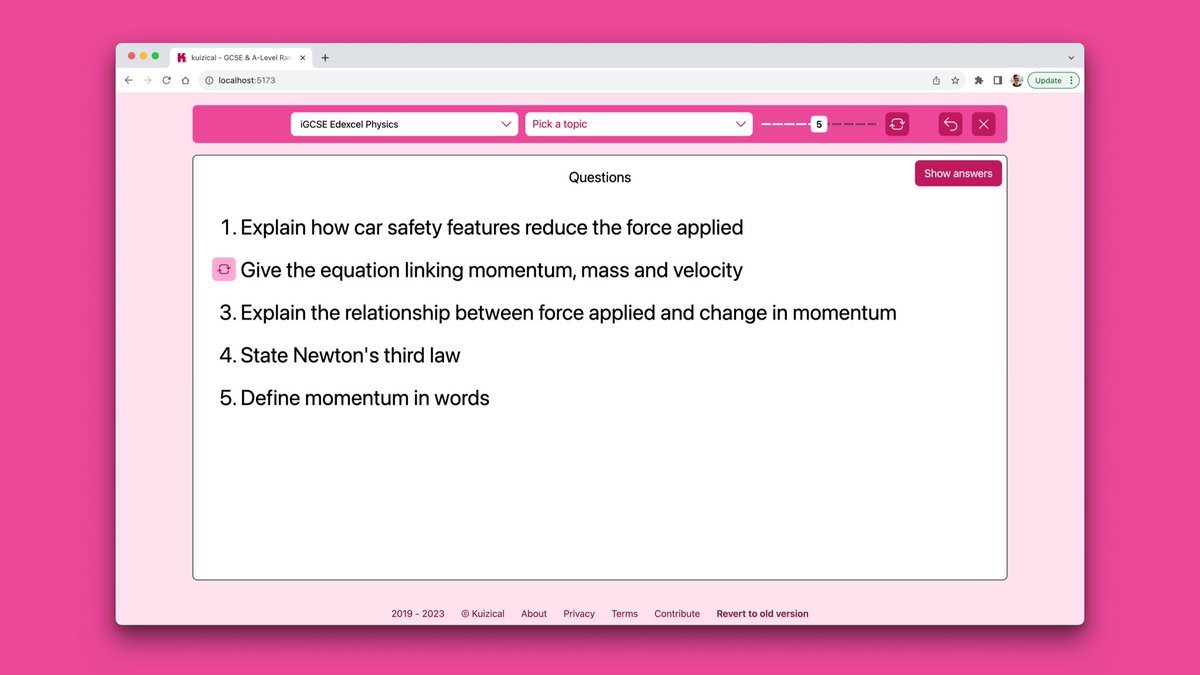 A little UI update in preparation for more fun tweaks!

✨ kuizical.com

You can swap individual question now rather than having to regenerate all of them again.

If you’d like to use old version: v1.kuizical.com
