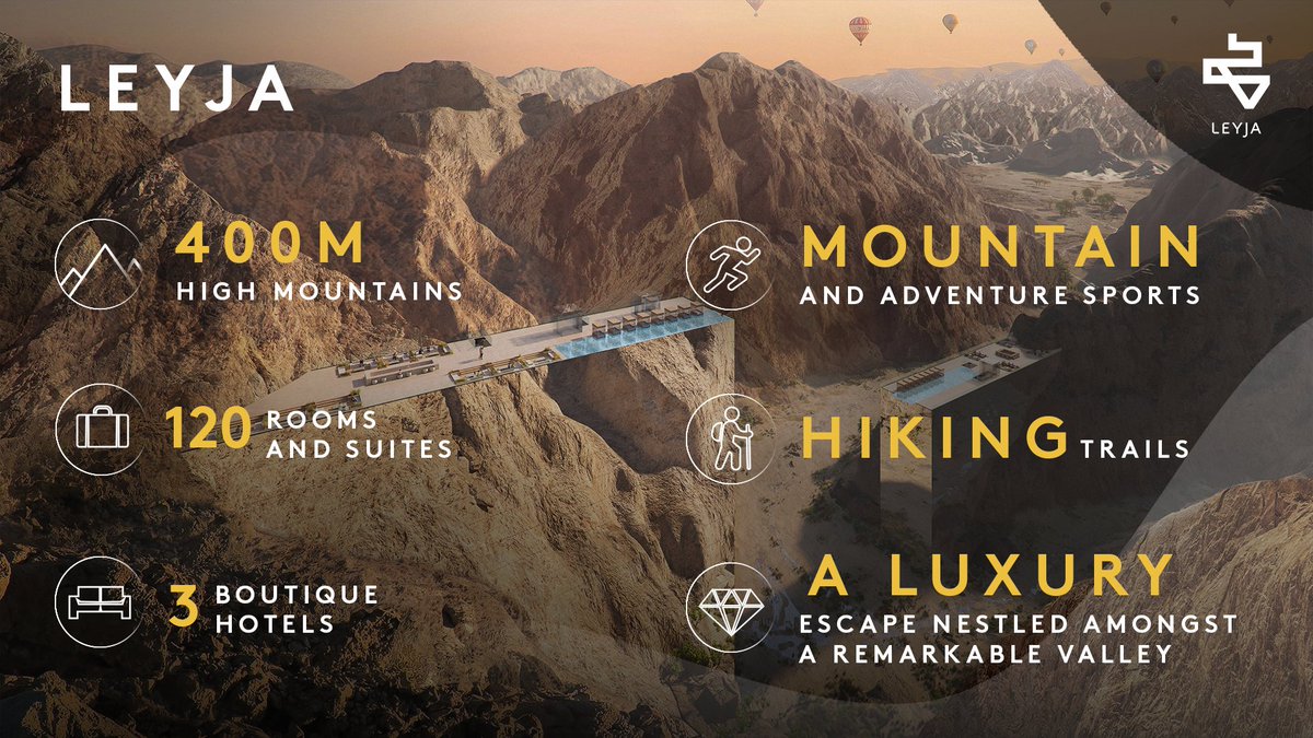 NEOM's tweet photo. Surrounded by towering cliffs and lush flora, Leyja will feature three luxury boutique hotels that encapsulate wellness, oasis and adventure 🧘🚵

#Leyja #NEOM https://t.co/vzrdsIONrG