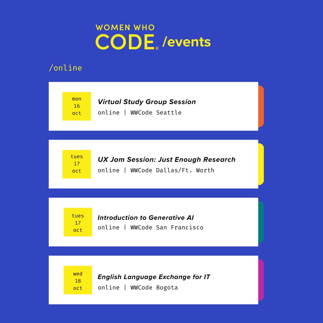 WomenWhoCode's tweet image. These upcoming events are the perfect opportunity to expand your network and connect with other #technologists.  

📆 To see complete event listings, check out the #LinkinBio &amp;gt; Free Online Technical Events! OR go to womenwhocode.com/events 

#WWCode  
#WomenWhoCode
#WomenInSTEM