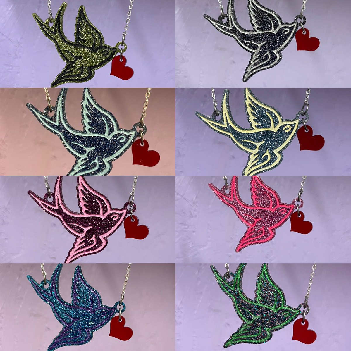 The absolutely gorgeous Glitter Swallow Necklaces are now up on the site!! 8 colours available, and all made from offcuts &amp; scrap that would have otherwise been discarded!

downtherabbitholeshop.com/product-page/g…