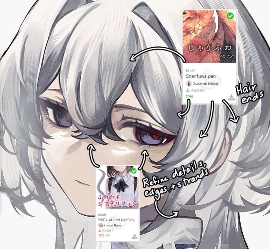 brushes I use to paint using Clip Studio Paint!  

❗️I'm not great at explaining/teaching thoroughly, just sharing what I use with examples!! 
‼️ some may not be free!  

the links to the brushes will be in thread vvv