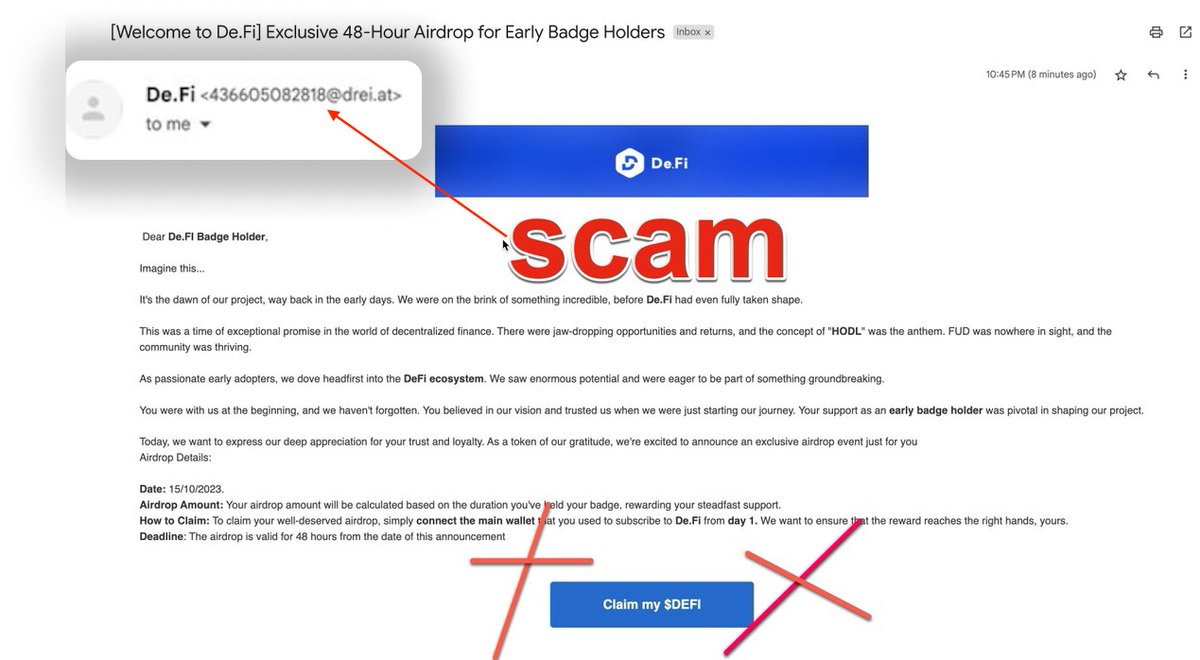 De_FiSecurity's tweet photo. 🚨 Phishing Alert 🚨

Some users have reported they received emails, impersonating https://t.co/pBh2j0vIsX team, with phishing airdrop links.

Official emails of https://t.co/pBh2j0vIsX are ended only on "@de.fi"

⚠️ DO NOT click on any links in such emails 👇 https://t.co/GO9Ymqslu3