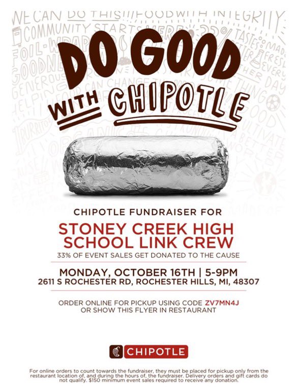 Monday, Oct 16th (TOMORROW) come out to Chipotle on 2611 S Rochester Rd. from 5pm-9pm to support Stoney's Link Crew.See the flyer to show in restaurant or the code : LANDYWK to order online. Bring a friend and show your support <a href="/stoneycreekptsa/">stoneycreekptsa</a> <a href="/StoneyCreek_AD/">Stoney Creek AD</a> <a href="/WeAreSCHS/">Stoney Creek High School</a>