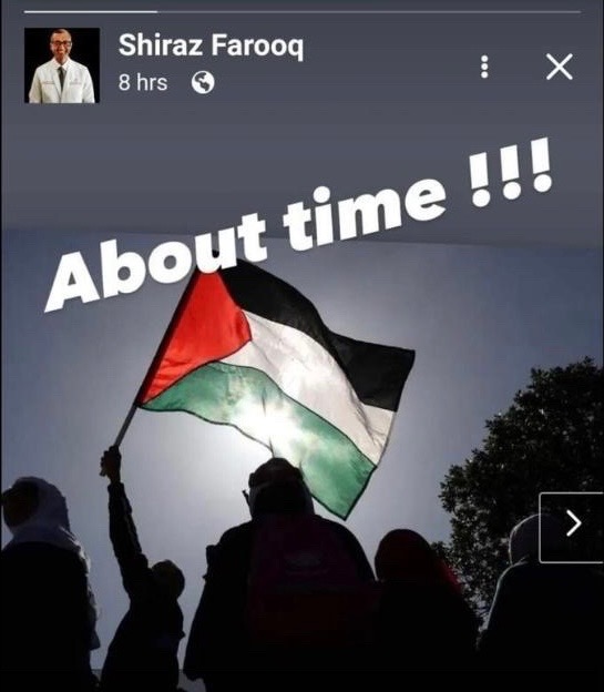 Dr. Shiraz Farooq is a proctologist/colorectal doctor in Tampa, FL

What was his response to the October 7th massacre in Israel that resulted in 1300 murders, 200 kidnapped in Gaza, women raped and babies beheaded? 

'About time!!!' 

Alert your Jewish friends and family to STAY