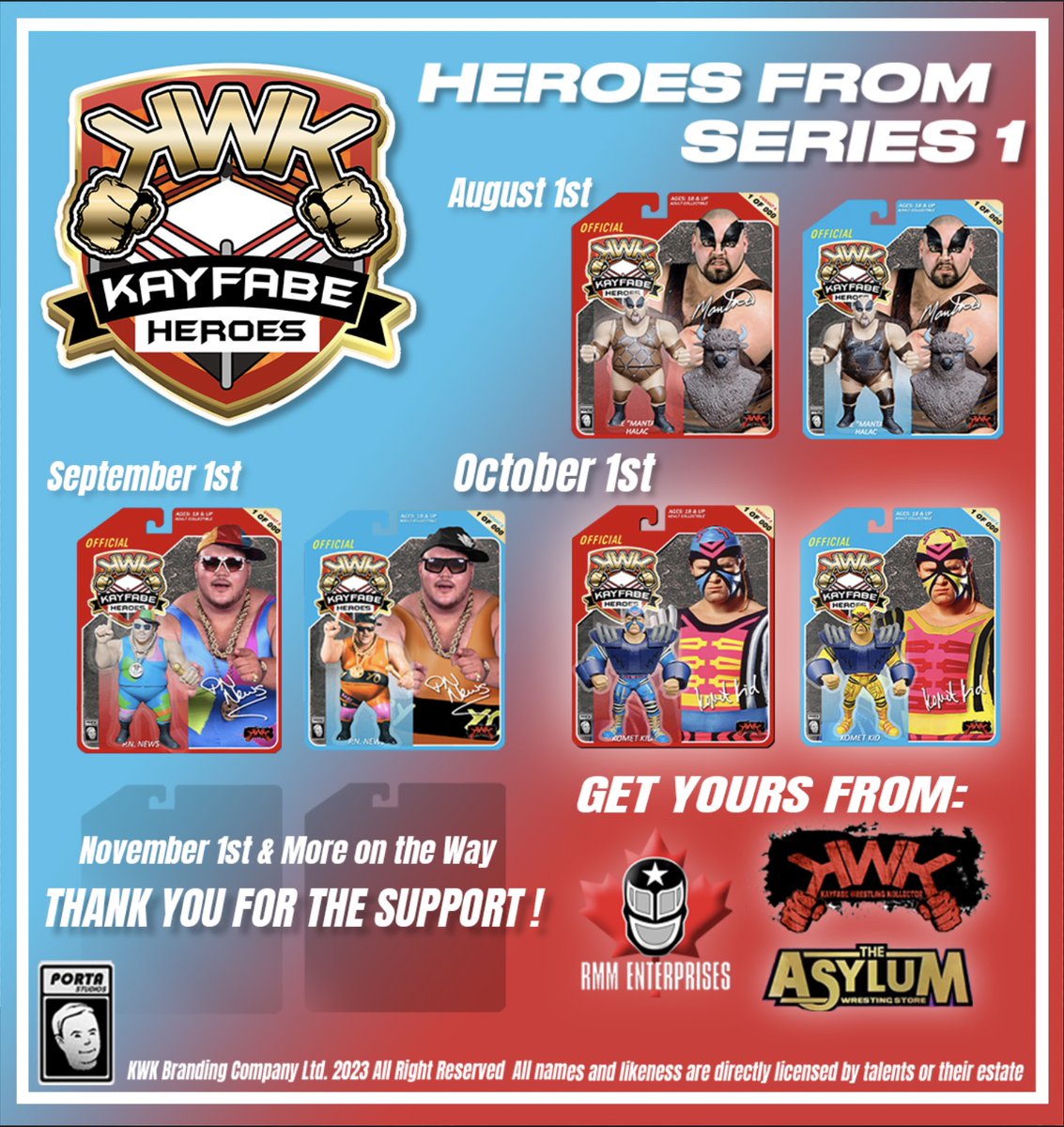 Checklist for KWK Kayfabe Heroes created by Porta Studios. Please note this list is only for the regular versions, Yoshitatsu will be available for preorder on November 1st as Komet Kid ends on October 31st. #hasbrowwf #wwfhasbro #hasbrowwffigures #wwfhasbrofigures
