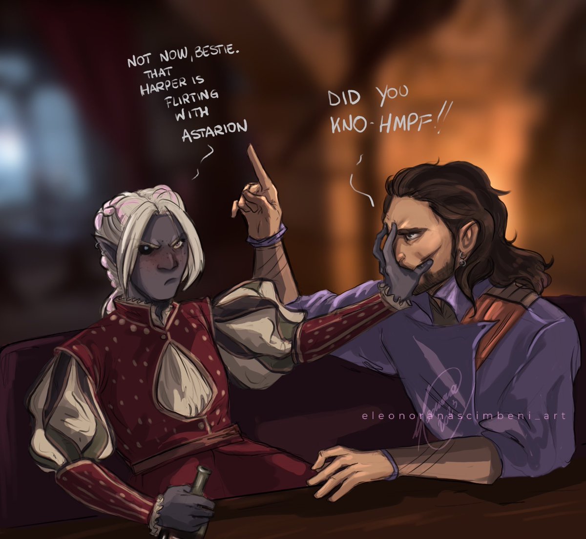 “No, I’m not jealous. Why do you ask?”
Pre romance confession. Anahira might have flirted/kissed with sweet Wyll after (and immediately felt terrible for it)…