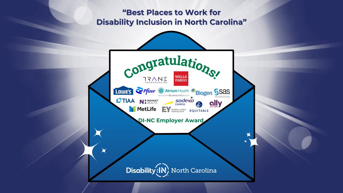 DINorthCarolina's tweet photo. Congrats to the following companies for being named the “Best Places to Work for Disability Inclusion in North Carolina": @Ally @AtriumHealth Biogen @EquitableFin @EY_US @Lowes @MetLife @NovantHealth @Pfizer @SASsoftware @SodexoGroup @TIAA @Trane_Tech @WellsFargo 

#DINC #NDEAM https://t.co/AEAlFwaUfY