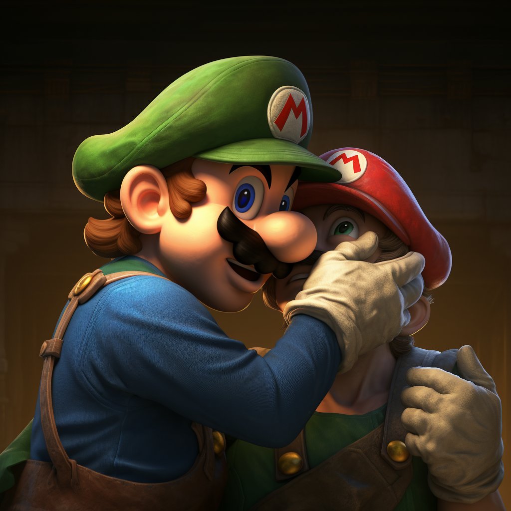 gamaniaco's tweet image. Red and Green Mario got caught kissing each other. #MidJourney. #AIGenerated