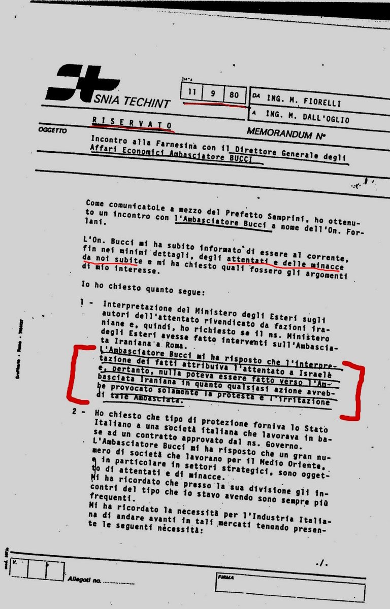 Wikileaks_Ita's tweet image. Memorandum #SniaTechint sull&apos;incontro avuto con l&apos;Amb Affari Esteri #Bucci, dove gli rivela che sapeva degli attentati e delle minacce che subivano ma che non provenivano dall&apos;#Iran....
&quot;l&apos;interpretazione dei fatti attribuiva l&apos;attentato a #Israele...&quot; #RISERVATO 1980