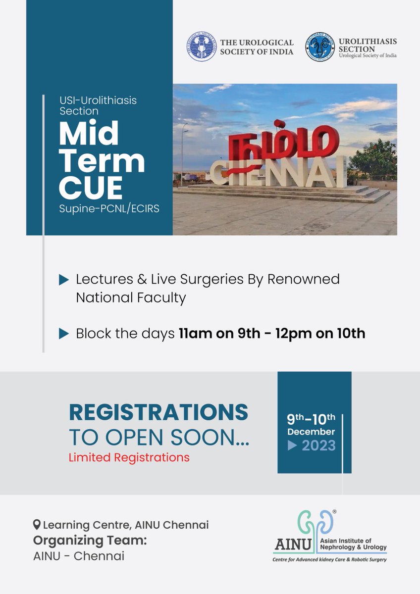 Proud to announce that @ainuindia Chennai will be hosting the mid term CUE of @usioffice Urolithiasis sub section on Supine PCNL and ECIRS. Looking forward to welcome you all