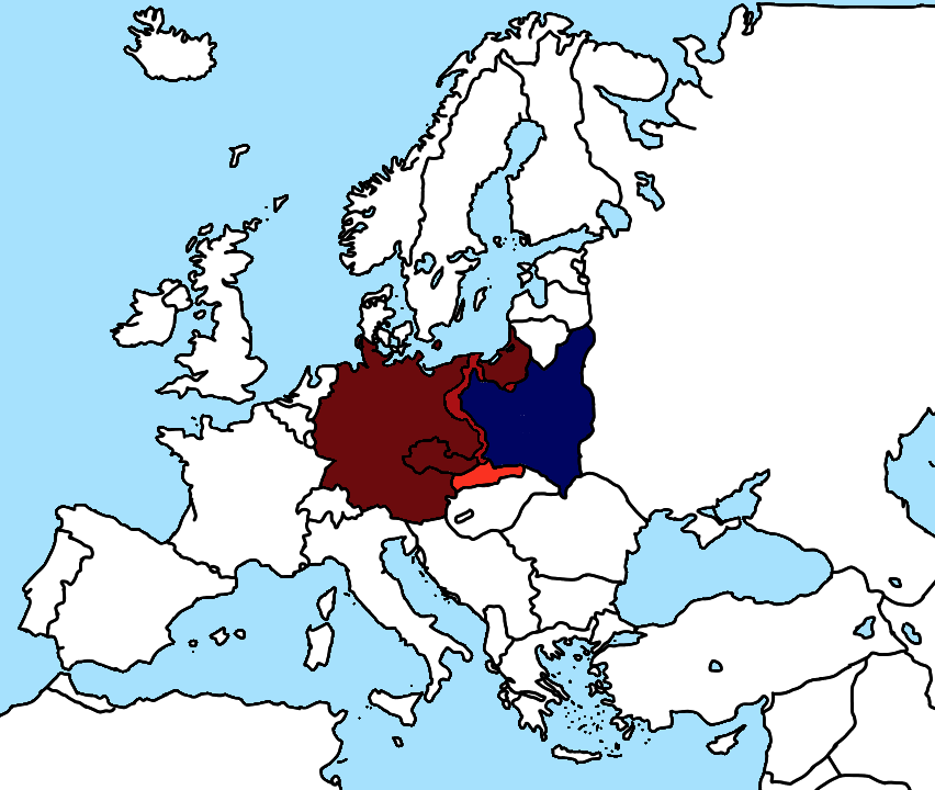Mapa de Europa 
1 de septiembre de 1939 
Países en color y alianzas (Rojo: Potencias del Eje y Azul: Los Aliados)