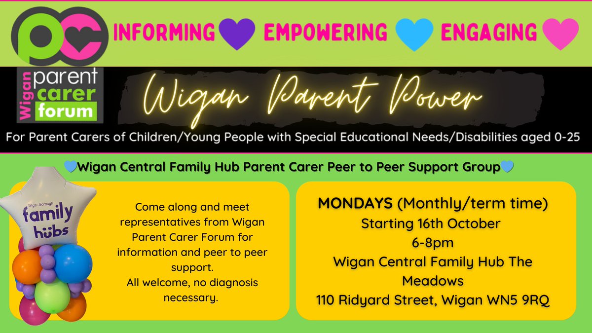 🆕Starting Monday 16th October
💜Monthly evening Peer to Peer Support sessions
💜Wigan Central Family Hub 6-8pm
💜We would love to see you there 
#ParentPower #Wigan #Peer2Peer