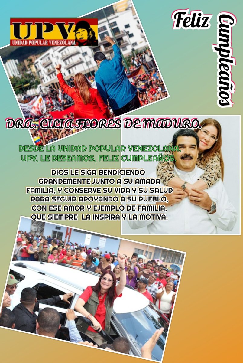 DRA. CILIA FLORES DE MADURO.

Desde la Unidad Popular Venezolana, UPV, le deseamos, FELIZ CUMPLEAÑOS.

<a href="/NicolasMaduro/">Nicolás Maduro</a> <a href="/ConCiliaFlores/">Cilia Flores</a>