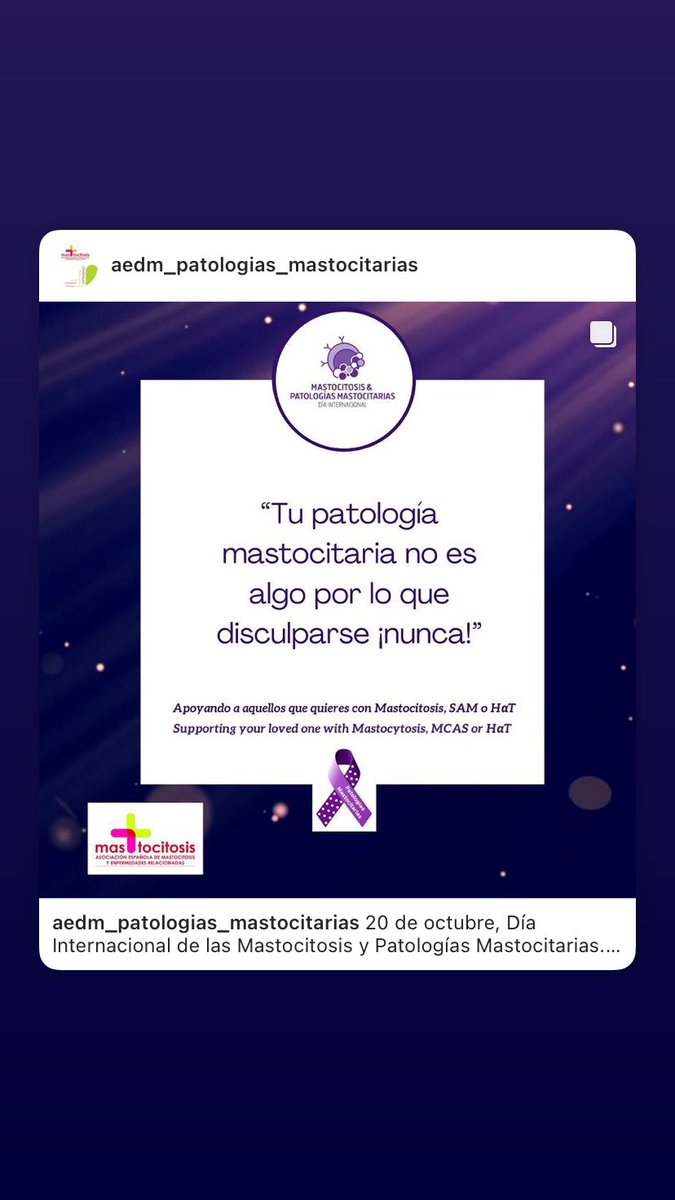 20 de octubre, Día Internacional de las Mastocitosis y Patologias Mastocitarias. La campaña de este año es: "Apoyando a aquellos que quieres con Mastocitosis, SAM o Hat" Queremos apoyar a esa persona que quieres, a tus seres queridos que viven con esta enfermedad. #mastocitosis