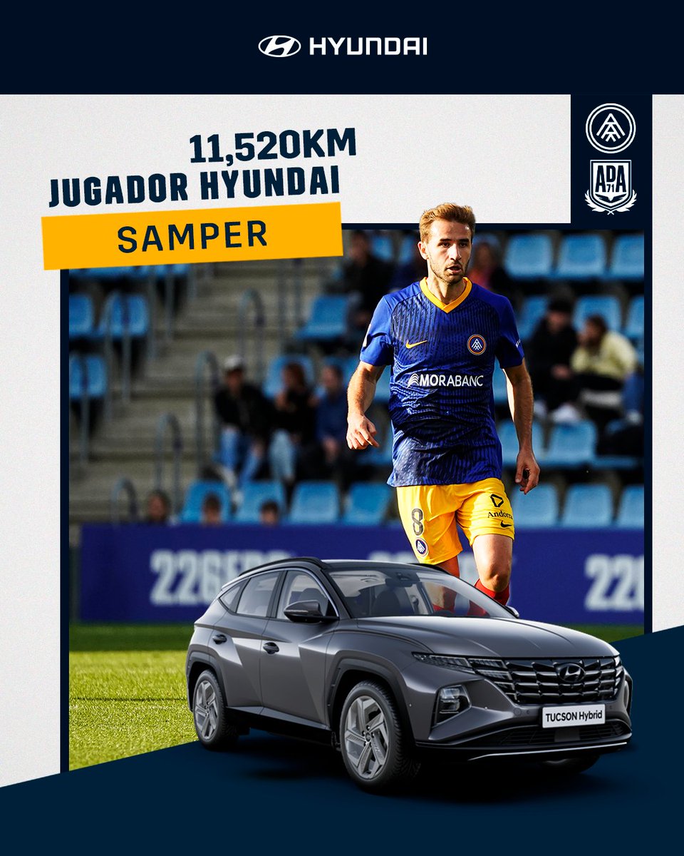 🚘 @SergiSamper és el 𝐣𝐮𝐠𝐚𝐝𝐨𝐫 𝐇𝐘𝐔𝐍𝐃𝐀𝐈 del partit d'avui! 🔝 El migcampista ha estat el futbolista tricolor que més distància ha recorregut 🆚 @AD_Alcorcon #AndorraAlcorcón #SomTricolors 🔵🟡🔴 #Hyundai