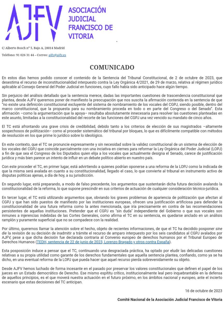 JuecesAJFV's tweet photo. 🔴Comunicado de la #AFJV ante la deriva del @TConstitucionE 

[1/3] https://t.co/zgBkoao30o