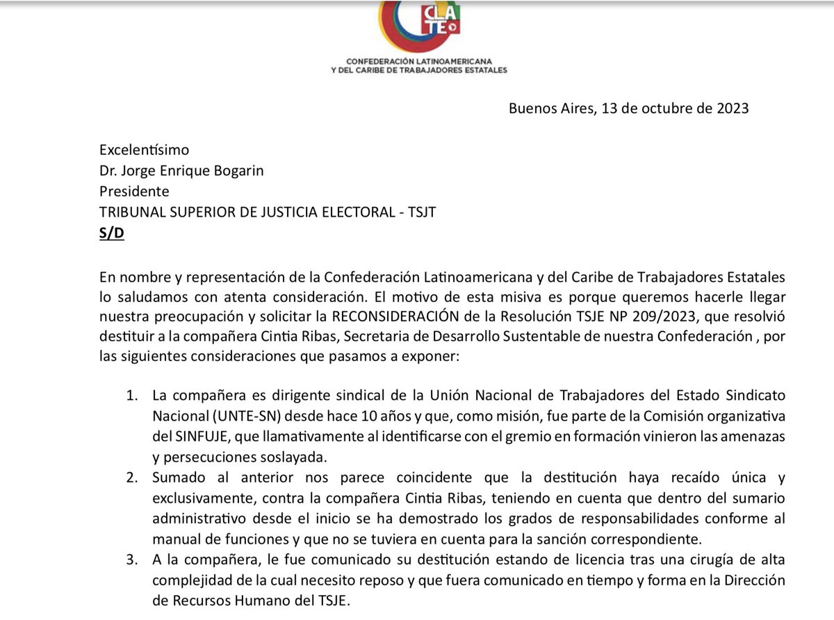 PercyOyola_CGT's tweet photo. Solicitud Comité Ejecutivo @EstatalesCLATE pide Tribunal Superior Justicia Electoral de Paraguay 
restituir su empleo a compañera Cintia Rivas de #UNTE Paraguay destituida contrariando convenios de @OITAmericas , total solidaridad con ella y pedido garantías sindicales lideresa https://t.co/fR6P37ifEQ