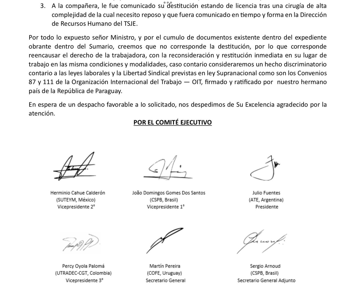 PercyOyola_CGT's tweet photo. Solicitud Comité Ejecutivo @EstatalesCLATE pide Tribunal Superior Justicia Electoral de Paraguay 
restituir su empleo a compañera Cintia Rivas de #UNTE Paraguay destituida contrariando convenios de @OITAmericas , total solidaridad con ella y pedido garantías sindicales lideresa https://t.co/fR6P37ifEQ