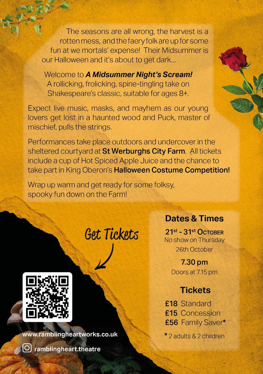 Get your tickets for ‘A Mid Summer Nights scream’ tickettailor.com/events/ramblin… 21st - 31st October 2023 Suitable for ages 8+. All tickets include a cup of hot spiced apple juice and a chance to take part in King Oberon's Halloween Costume Competition!