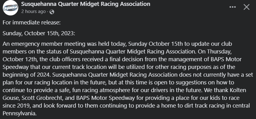 lyndsay_barna's tweet image. 🚨BREAKING: The small track behind BAPS Motor Speedway will soon be used for micro racing purposes.

Susquehanna Quarter Midget Racing Association is looking for a new home.

More to come on this story in the coming weeks in the Fast Lane. @FOX43Sports @fox43