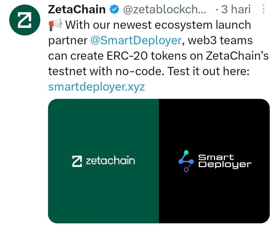 ✈️ #zetachain smart deployer
👉 Faucet : discord.gg/zetachain
- Click Menu -> Linked Role
- Connect With twitter
- Go to #Zeta-Faucet -> Enter zeta faucet drip ( your wallet address ZetaChain )

👉 Register : smartdeployer.xyz/create
- Select Rainbow Kit -> Metamask wallet
-