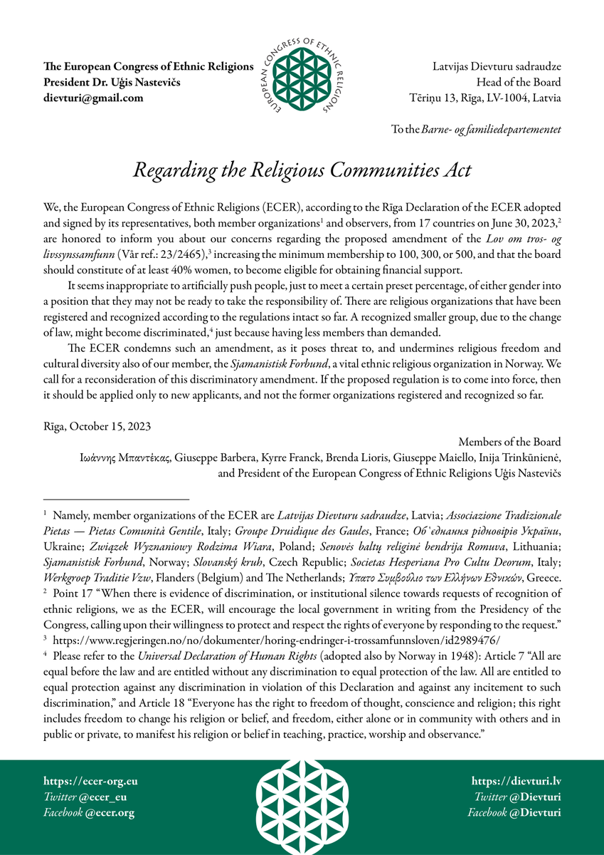 ecer_eu's tweet image. Alarming situation in Norway that could amount to discrimination against the Sjamanistisk Forbund, leads to official notice from the European Congress of Ethnic Religions (ECER) to @bfdep regarding the proposed amendment of the Lov om tros- og livssynssamfunn (Vår ref.: 23/2465).
