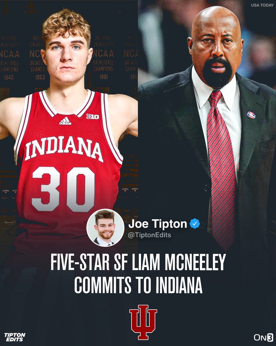 NEWS: 2024 five-star Liam McNeeley has committed to Indiana, he announced. 

The 6-7 SF chose the Hoosiers over Kansas.

on3.com/college/indian…