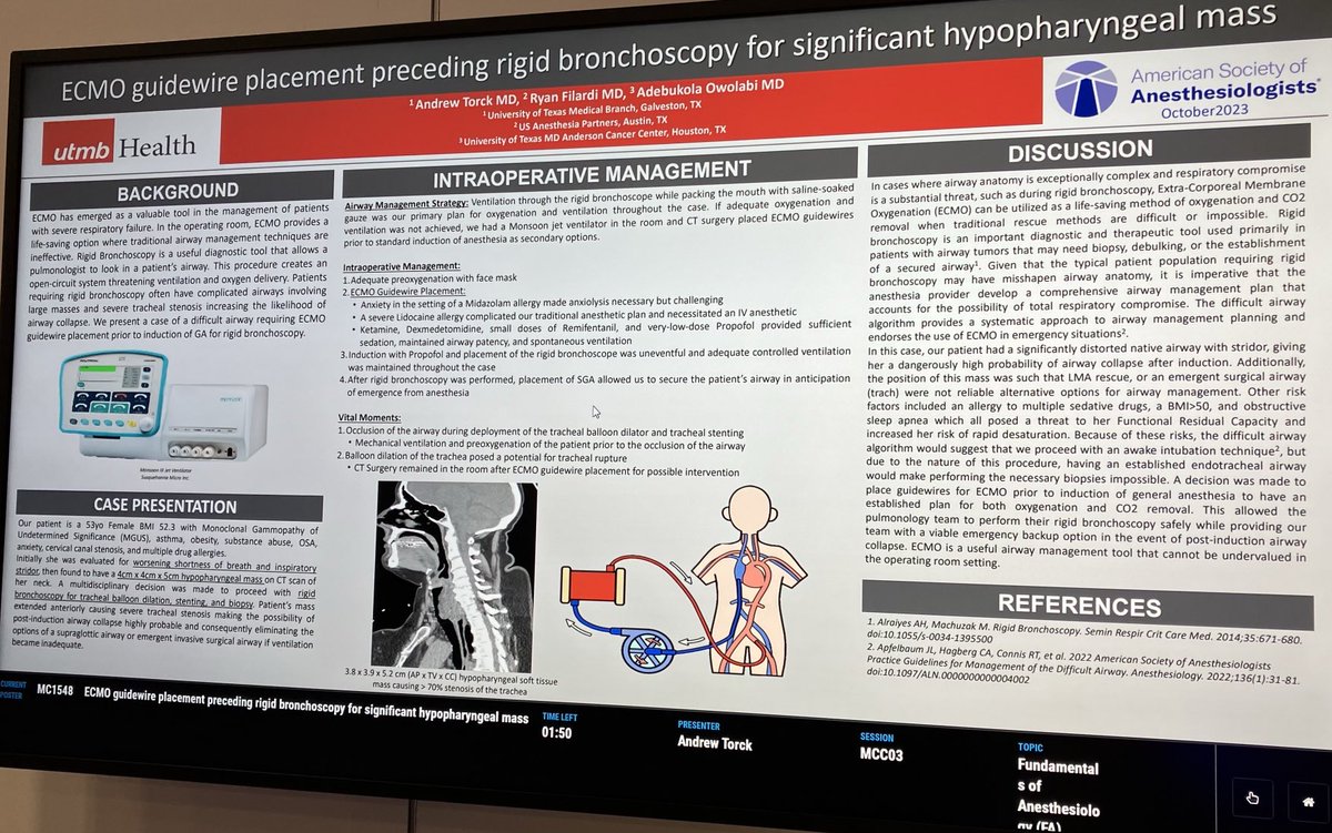 Dr. Andrew Torck, ⁦@UTMBAnesthesia⁩ resident, presented challenging case: allergy to midazolam, lidocaine, and has airway mass. #ANES23 ⁦@TSAPhysicians⁩