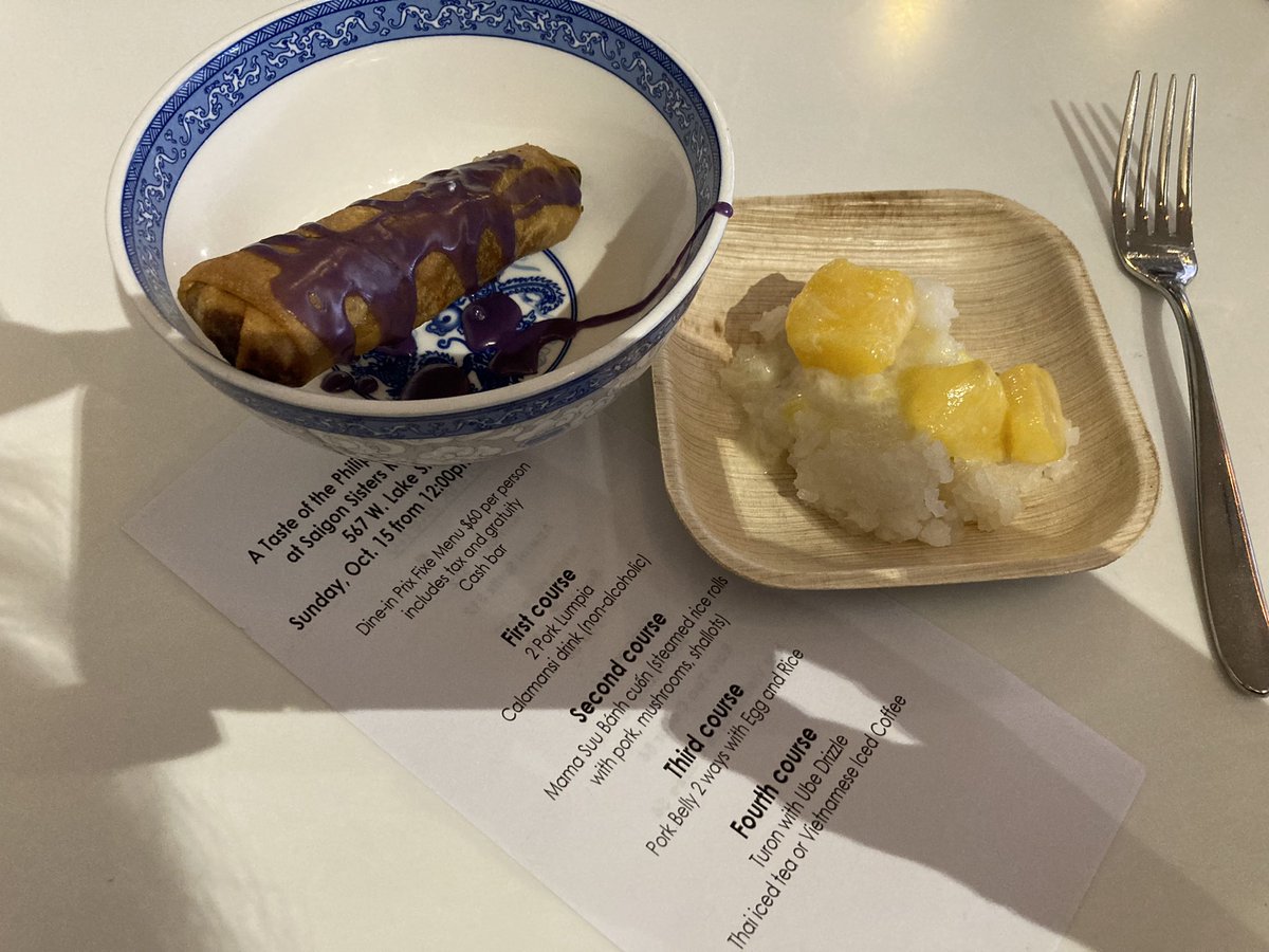 ISCChicago's tweet image. Turon with Ube Drizzle, Mango Sticky Rice, from A Taste of the Philippines Brunch at @saigonsisters