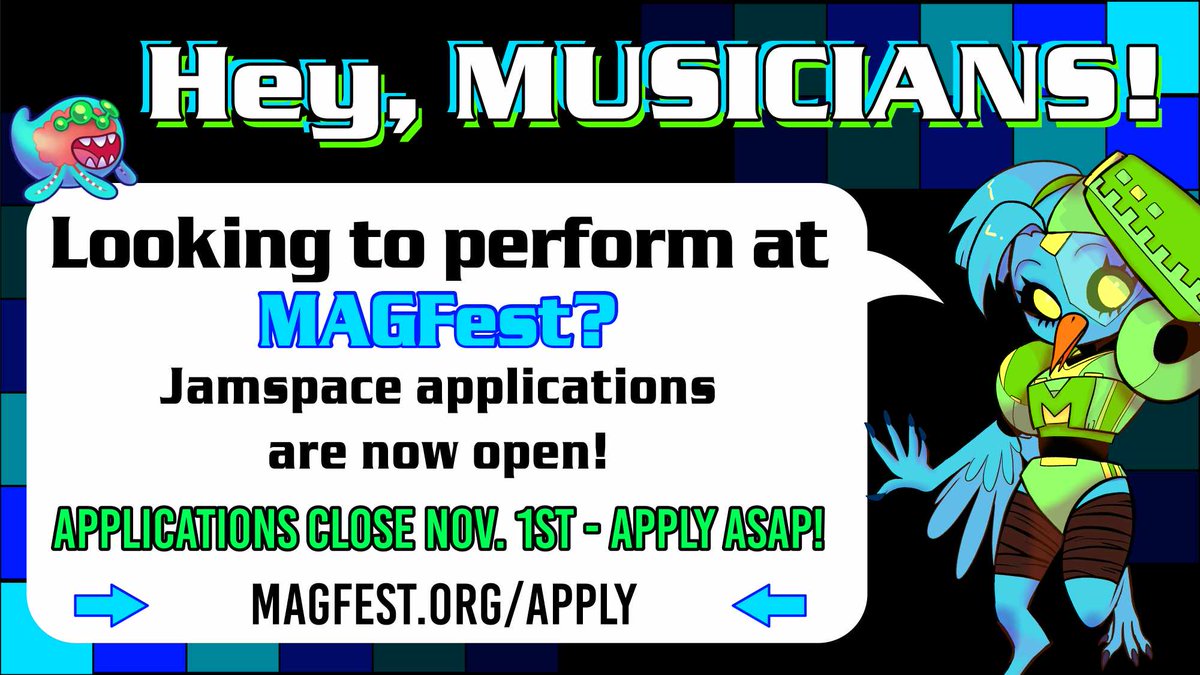 MAGFest's tweet image. In case you didn't already have enough stages to be a part of at Super MAGFest 2024, the Jamspace Showcases are now accepting submissions until November 1st! Much like previous years, the Jamspace team will present three separately curated showcases featuring some of their…
