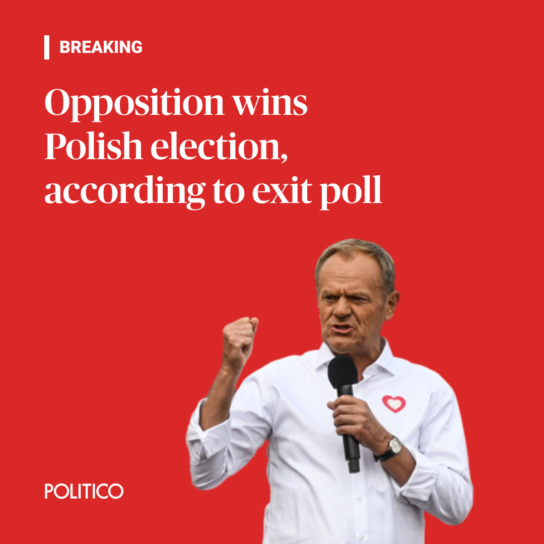 POLITICOEurope's tweet photo. Poland's opposition parties appear to have nabbed victory from the ruling Law and Justice (PiS) party in today's general election, according to an exit poll released immediately after voting ended.

🔗 https://t.co/n08mPUCIJb https://t.co/N1mS9nNyCR
