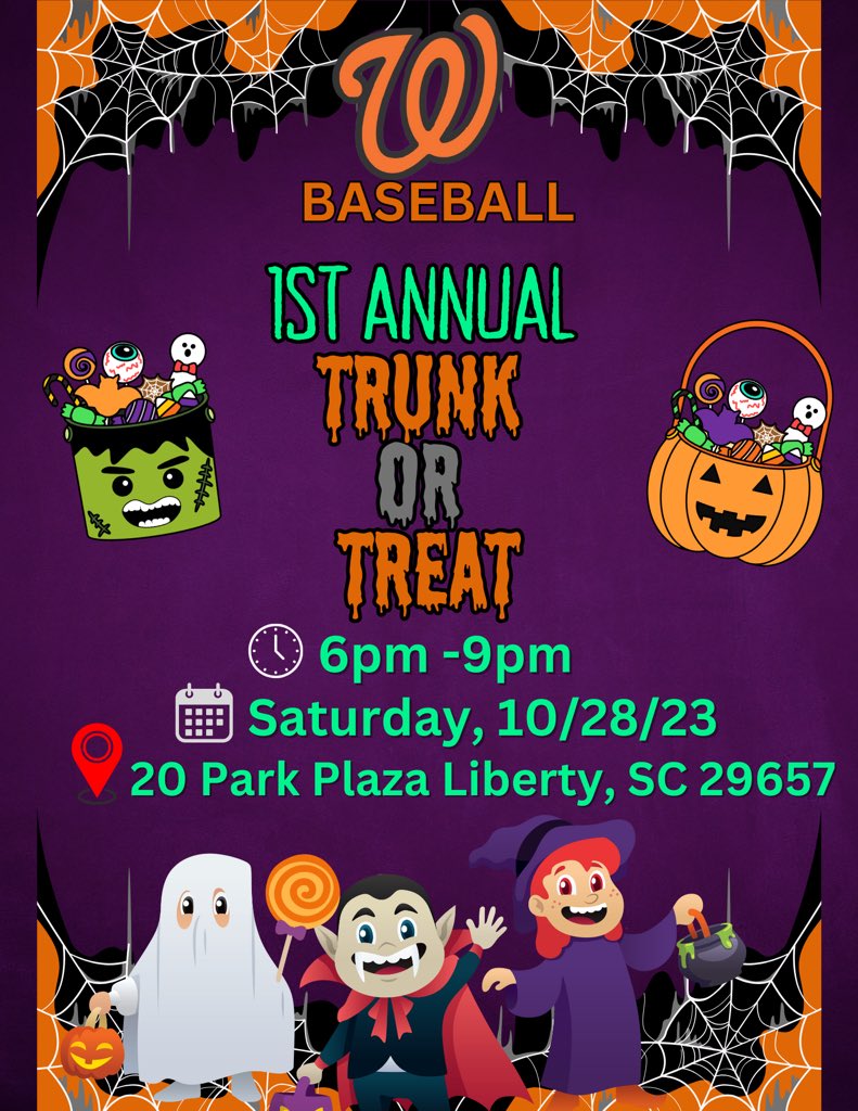 🎃 Get ready for Wreckers Baseball's FIRST EVER Trunk or Treat! 🕷️👻
📅 Date: 10/28/23
🕕 Time: 6-9 PM
🏟️ Location: 20 Park Plaza, Liberty, SC 29657
Join us for a spooktacular evening of candy, costumes, and community fun. It's the perfect pre-Halloween event for the whole family