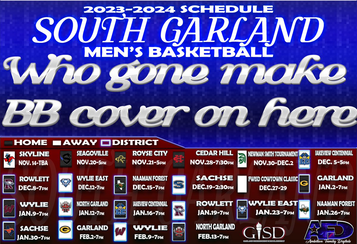 Was inspired by <a href="/LoyolaWolfPack/">Loyola Athletics</a> 
<a href="/gisd_athletics/">Garland ISD Athletics</a> <a href="/sgtitansbball/">South Garland Basketball</a>