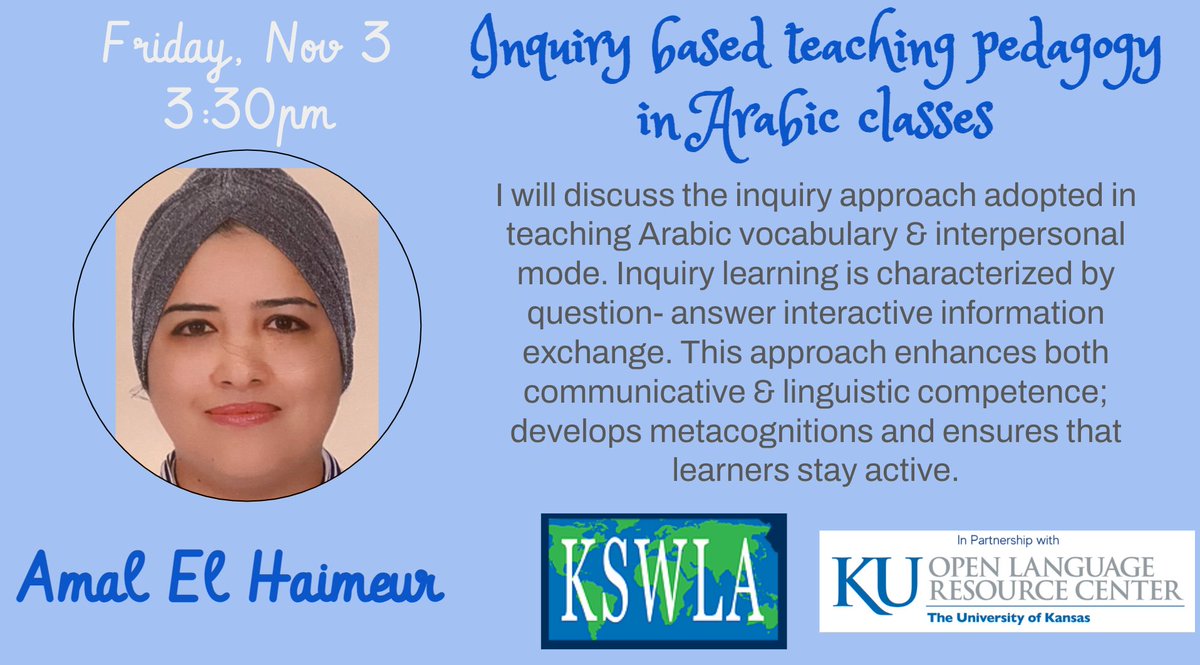 kswla's tweet photo. 19 DAYS UNTIL OUR CONFERENCE❣️We can't wait to see you & share these important voices in the KS World Language field with you.
📷Join Amal El Haimeur in her session about #InquiryBasedPedagogies in the WL classroom
#KSWLA23 #langchat #ksedchat #kslangchat @ustathaannie https://t.co/naaxS8Mehy