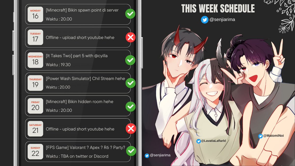 ‼️ Senji's Schedule ‼️
🗓️ :【16 October- 22 October】

YT : youtube.com/@senjiarima
Discord : dsc.gg/senjiarima

LIVE : #SenjiOnline
Schedule : #SenjiSkejul
Clips : #SenjiClips
General : #SenjiArima

See you on my next stream 📷 😈