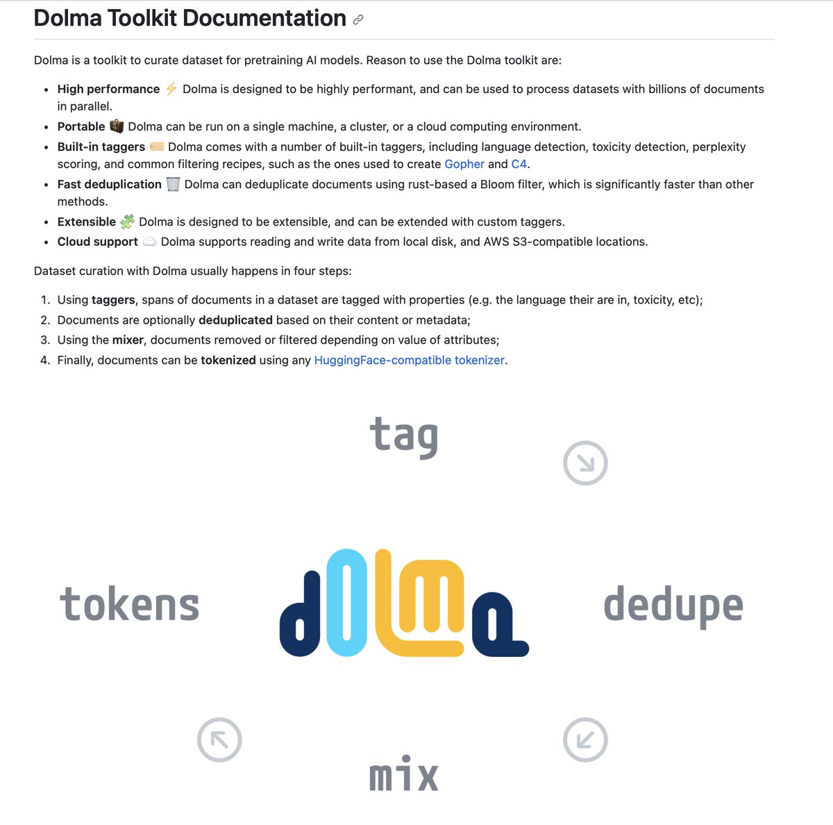 Just released v0.9.0 of the Dolma toolkit 🍇 Lots of goodies (dataset tokenization support, new taggers, data analysis, etc), but the one I'm most proud of is that we now have.... ✨ proper documentation 💫 check it out at github.com/allenai/dolma/…, or `pip install dolma` 😊