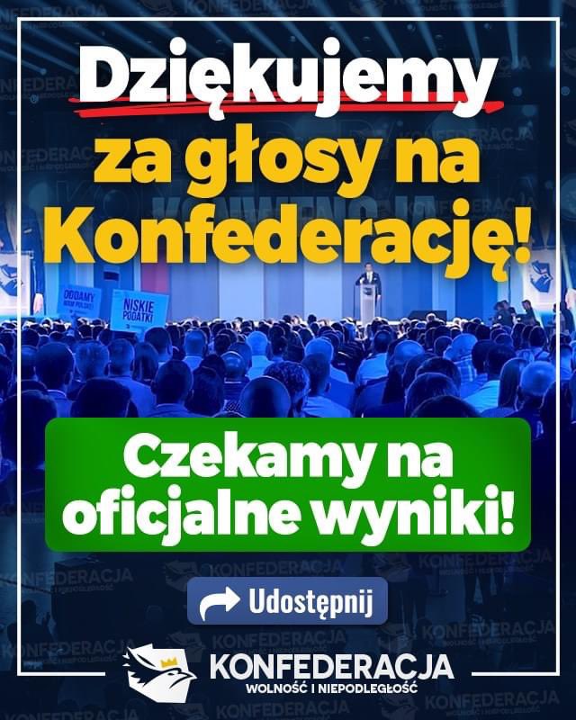 KONFEDERACJA_'s tweet photo. #KONFEDERACJA według dwóch różnych sondaży exit poll notuje w wyborach do Sejmu 6,2% i 7,7%. Dziękujemy Wam za wszystkie głosy! Teraz czekamy na oficjalne wyniki. https://t.co/s0lCI3Ml3g