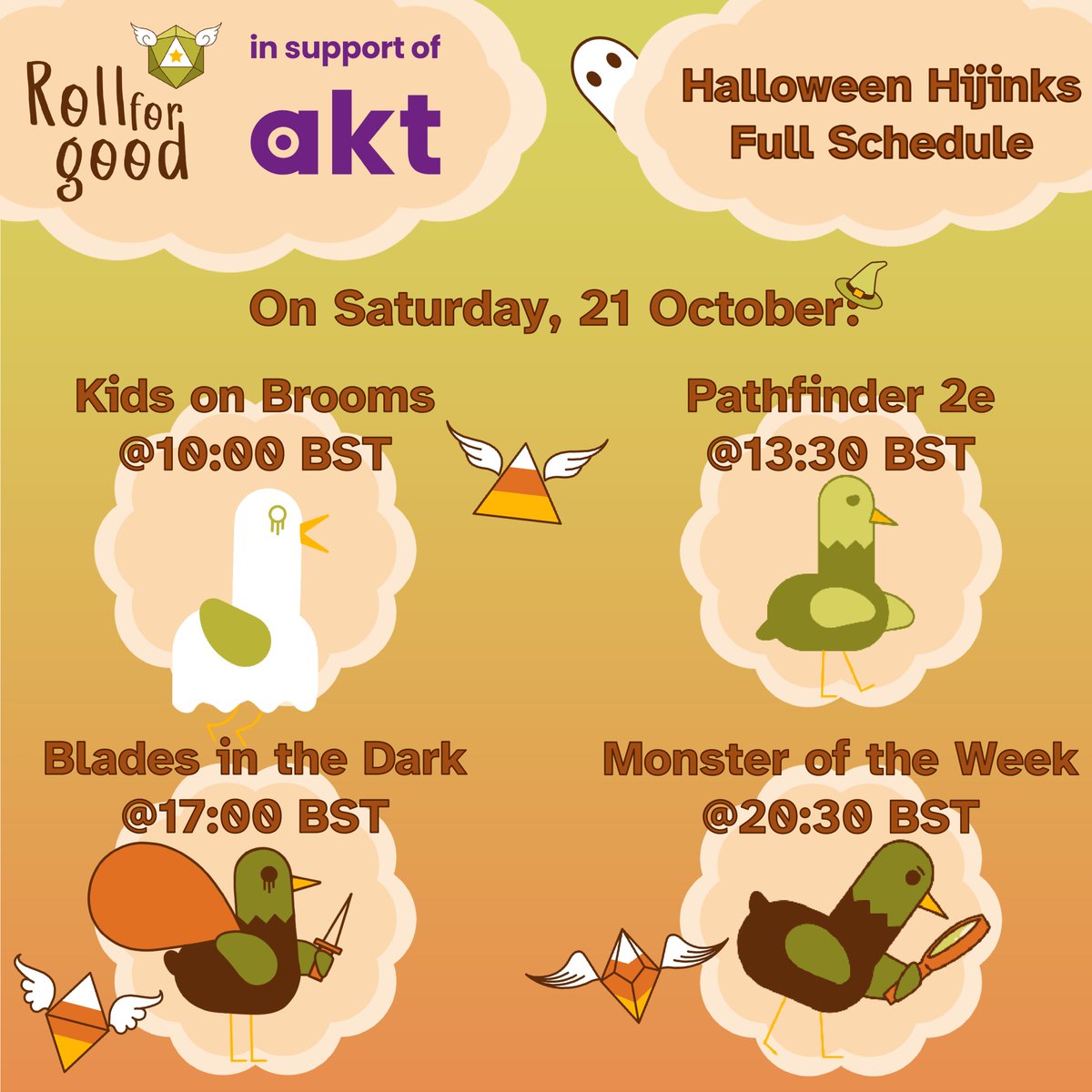 Roll For Good β TTRPGs For Charity (@rollforgood) on Twitter photo FULL SCHEDULE FOR 21 OCT
#KidsonBrooms (<a href="/Hunters_Ent/">Hunters Entertainment</a>) by Laura
#pathfinder2e (<a href="/paizo/">Paizo</a>) by <a href="/ChrifuBernal/">Chrifu</a>
#BladesintheDark (<a href="/john_harper/">John Harper</a>) by @cdkelly9
#MonsteroftheWeek (<a href="/EvilHatOfficial/">Evil Hat Productions</a>) by <a href="/DelvesDaily/">Dungeon Delves π²π¨</a>
In support of <a href="/aktcharity/">akt</a> and π³οΈβππ³οΈββ§οΈhomeless youth
twitch.tv/rollforgood FULL SCHEDULE FOR 21 OCT
#KidsonBrooms (<a href="/Hunters_Ent/">Hunters Entertainment</a>) by Laura
#pathfinder2e (<a href="/paizo/">Paizo</a>) by <a href="/ChrifuBernal/">Chrifu</a>
#BladesintheDark (<a href="/john_harper/">John Harper</a>) by @cdkelly9
#MonsteroftheWeek (<a href="/EvilHatOfficial/">Evil Hat Productions</a>) by <a href="/DelvesDaily/">Dungeon Delves π²π¨</a>
In support of <a href="/aktcharity/">akt</a> and π³οΈβππ³οΈββ§οΈhomeless youth
twitch.tv/rollforgood