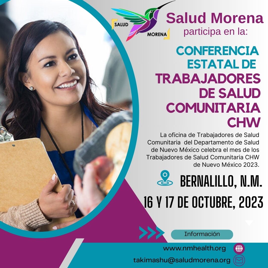 📍Salud Morena estará presente en la conferencia estatal de trabajadores de salud comunitaria CHW, qué se llevará a cabo los días 16 y 17 de Octubre de 2023 en Bernalillo, Nuevo México.

#saludmorena #saludpública #promotorasdesalud #communityhealth #communityhealthworker