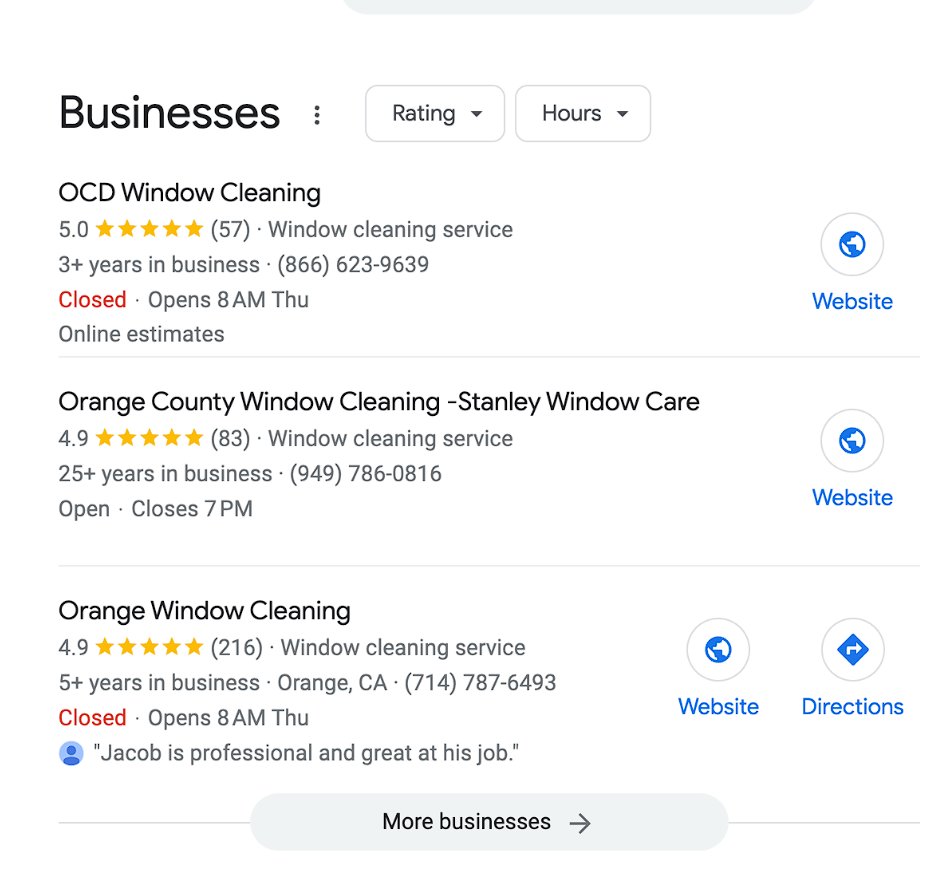 SqueegeeGod's tweet image. Local business hack:
Work your way to your county or city’s “map pack”.
Our window washing company is still in the top 3 organic searches for all of Orange County, which means…
Tons of free leads.