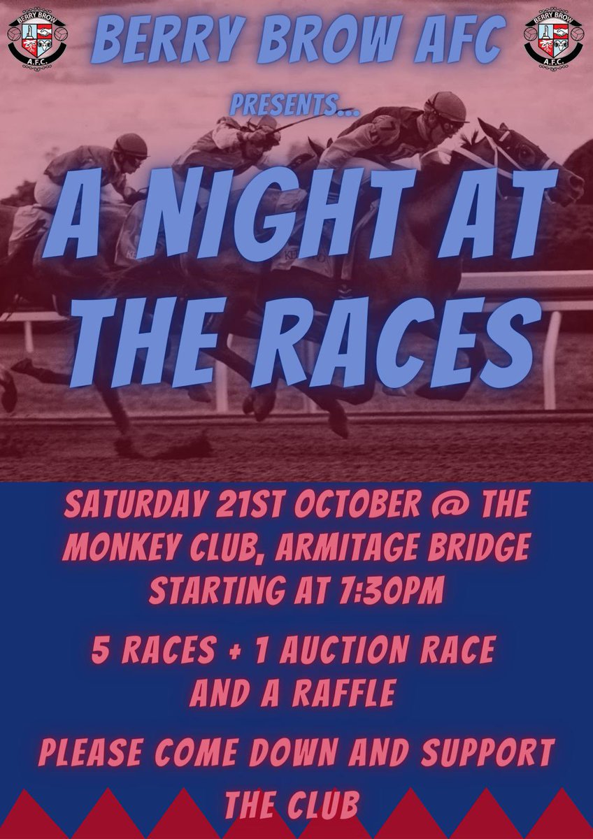 BerryBrowAFC's tweet photo. Race Night at @themonkeyclub next Saturday 21 October from 7:30. All welcome for a good laugh and plenty of 🍻 supporting the club!

#UTB 🔴🔵 https://t.co/7xGh5EAOaF