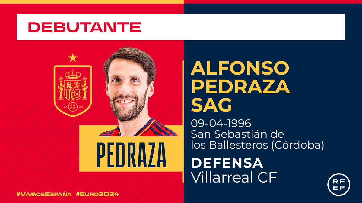 👏🏻 ¡¡𝗘𝗡𝗛𝗢𝗥𝗔𝗕𝗨𝗘𝗡𝗔, @Alfonsopedraza9!! El jugador internacional del @VillarrealCF disfruta de sus primeros minutos con la @SEFutbol absoluta. 🗓️ ¡¡Una fecha para recordar por siempre!! ℹ️ bit.ly/Pedraza_151023 🇳🇴 🆚 🇪🇸 | 0-1 | 72’ #VamosEspaña | #EURO2024