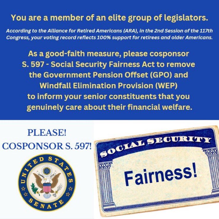 <a href="/SenEricSchmitt/">Senator Eric Schmitt</a> We need your help! Cosponsor S.597. Help public servants who worked hard- even risked their lives for others- to collect their full earned Soc Sec benefits. WEP &amp; GPO are incredibly UNJUST laws. We paid into Soc Sec. This is OUR money! #EliminateWEPGP0