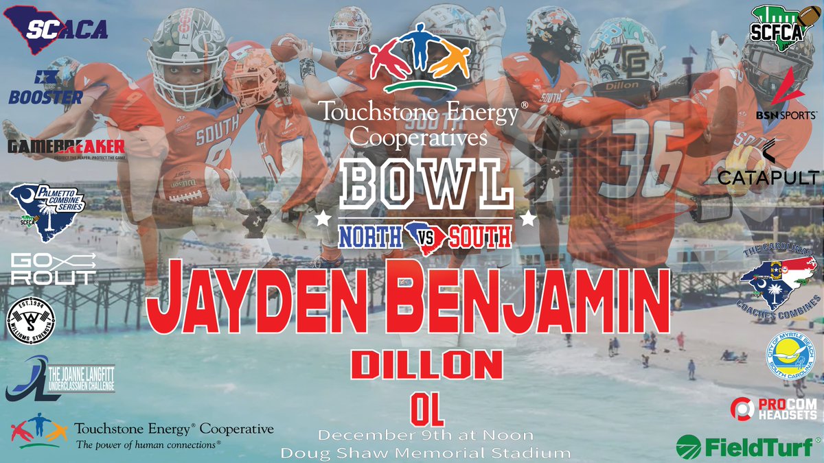 Touchstone Energy Bowl (@northsouthfb) on Twitter photo Congratulations <a href="/JJBenjamin77/">Jayden Benjamin</a> on being selected to participate in The Touchstone Energy Cooperatives Bowl North vs South All-Star game on Sat., Dec. 9 at Doug Shaw Memorial Stadium in Myrtle Beach. <a href="/Dillon_Football/">Dillon Football</a> #SouthTeam #NorthSouth23 Congratulations <a href="/JJBenjamin77/">Jayden Benjamin</a> on being selected to participate in The Touchstone Energy Cooperatives Bowl North vs South All-Star game on Sat., Dec. 9 at Doug Shaw Memorial Stadium in Myrtle Beach. <a href="/Dillon_Football/">Dillon Football</a> #SouthTeam #NorthSouth23