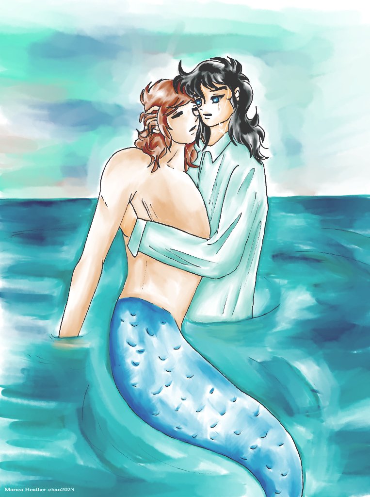 Prompt number 8, Dream, from the Peachtober list. More than a dream, it is Ryo's nightmare: a little mermaid version of Shin dying in his arms.

#peachtober2023 #inktober #inktober2023 #yoroidensamuraitroopers #samuraitroopers #roninwarriors #shin #shinmori #ryosanada #ryo