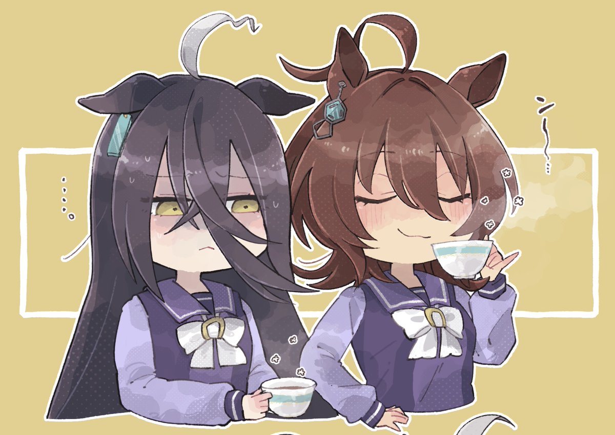 agnes tachyon (umamusume) ,manhattan cafe (umamusume) multiple girls 2girls horse ears animal ears cup ahoge brown hair  illustration images