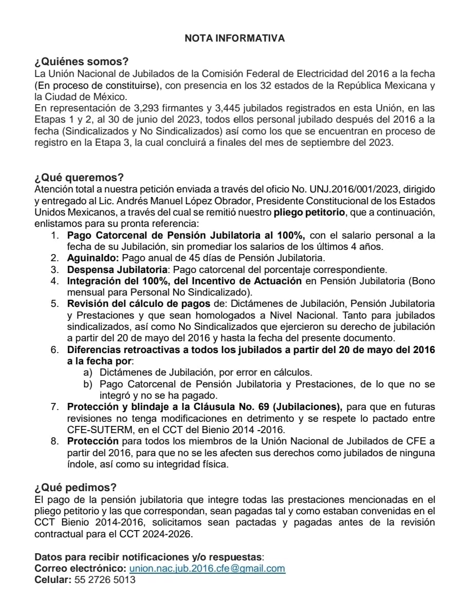 FENAJERM's tweet photo. Somos más de 7,000 jubilados de la CFE afectados por la mutilación del CCT 2014-2016.
Sr. Presidente revise nuestro Pliego petitorio que le entregamos por diferentes medios. https://t.co/XUIJqZFteR