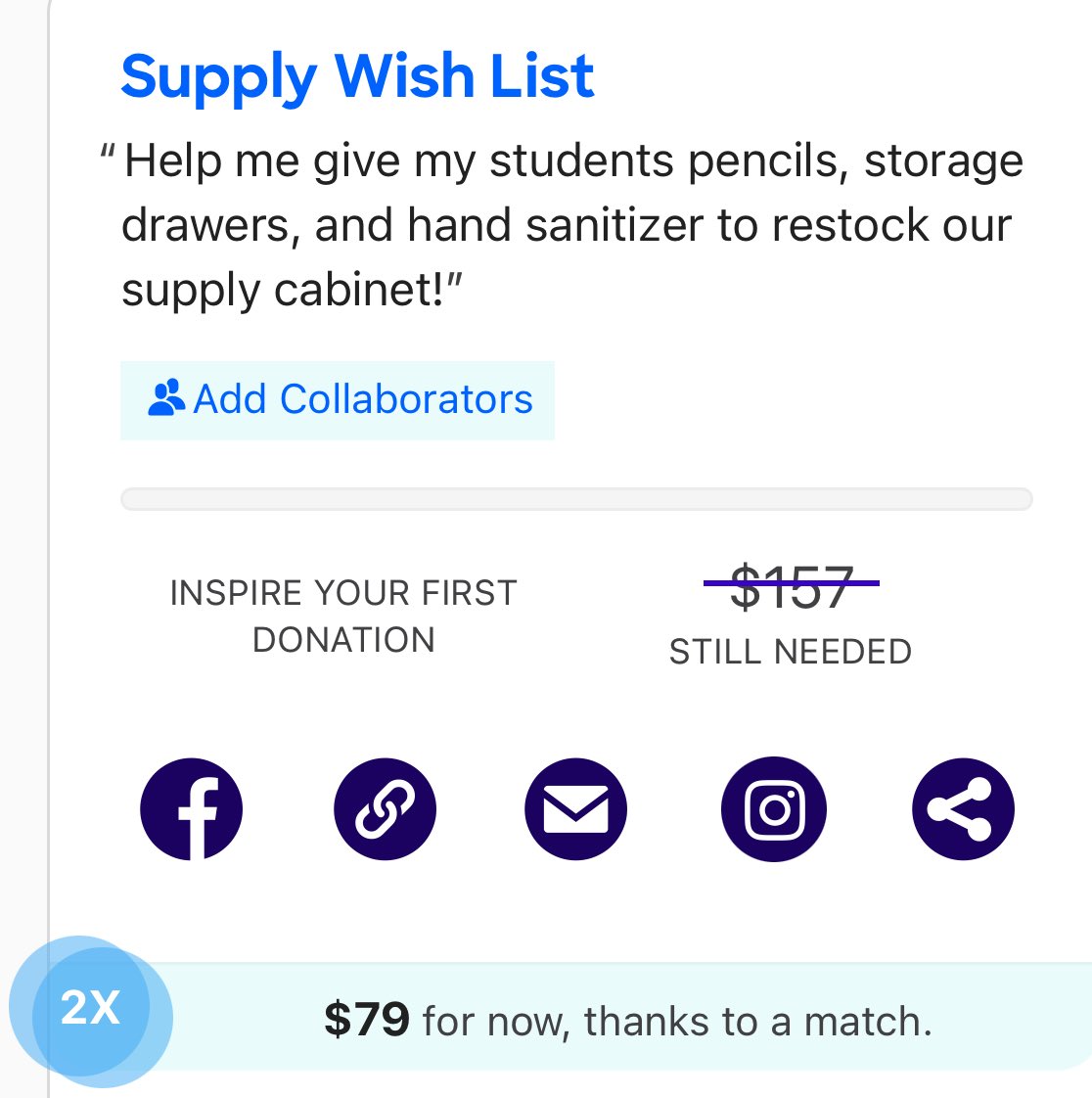 My @DonorsChoose project is live and it has a 2X match! I only need $79 to launch my 🚀! Please RT for me! donorschoose.org/project/supply… #teachertwitter #BetterTogether #BlueCrew #edutwitter #mentalhealth #clearthelist #KindnessMattersッ
