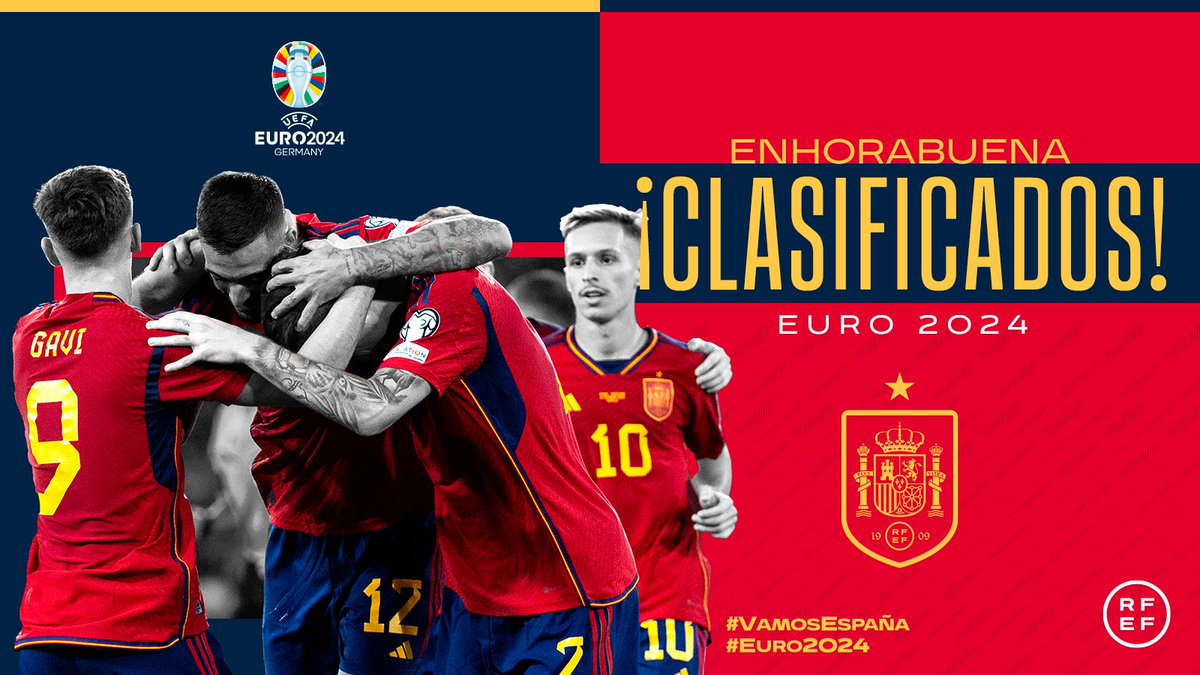 🥳 ¡¡𝗘𝗦𝗧𝗔𝗠𝗢𝗦 𝗖𝗟𝗔𝗦𝗜𝗙𝗜𝗖𝗔𝗗𝗢𝗦!! 🤗 #EURO2024... ¡¡ALLÁ VAMOS!! La @SEFutbol ya tiene su billete para el máximo torneo continental que tendrá lugar el próximo año en Alemania. 🙌🏻🇪🇸 ¡¡Enhorabuena, equipo!! ¡¡Enhorabuena, afición!! #VamosEspaña